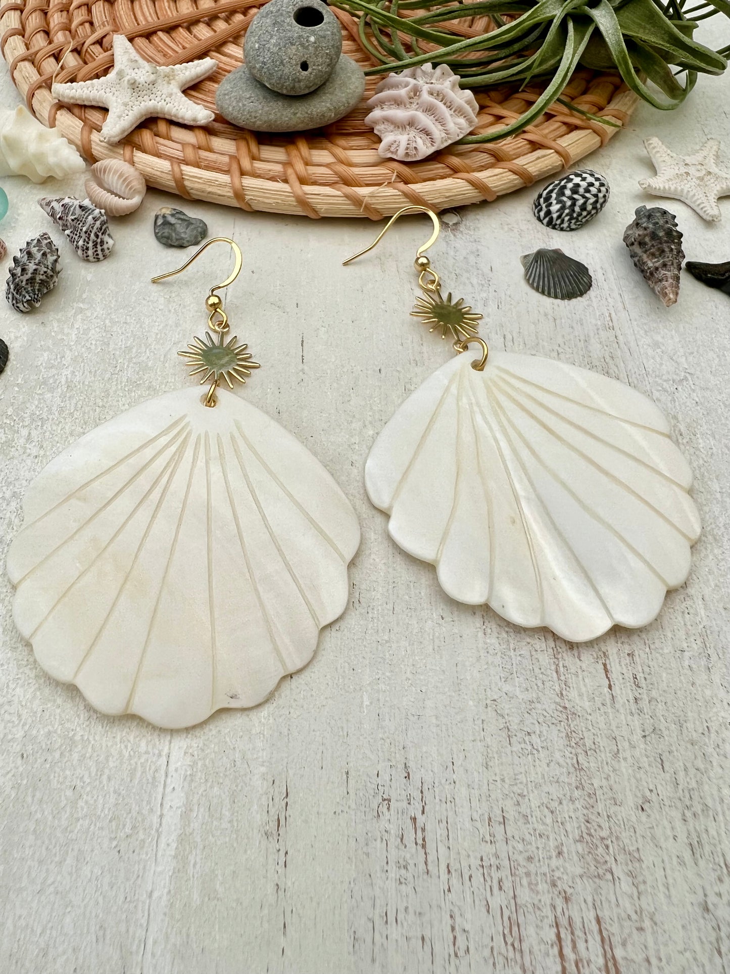 Mother of Pearl Shell & Gold Sun Earrings