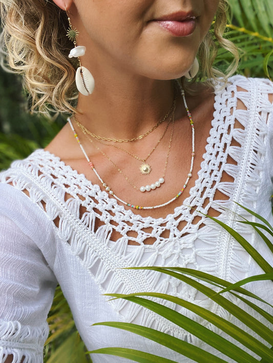 Cowrie shell, Pearl & Sun Earrings
